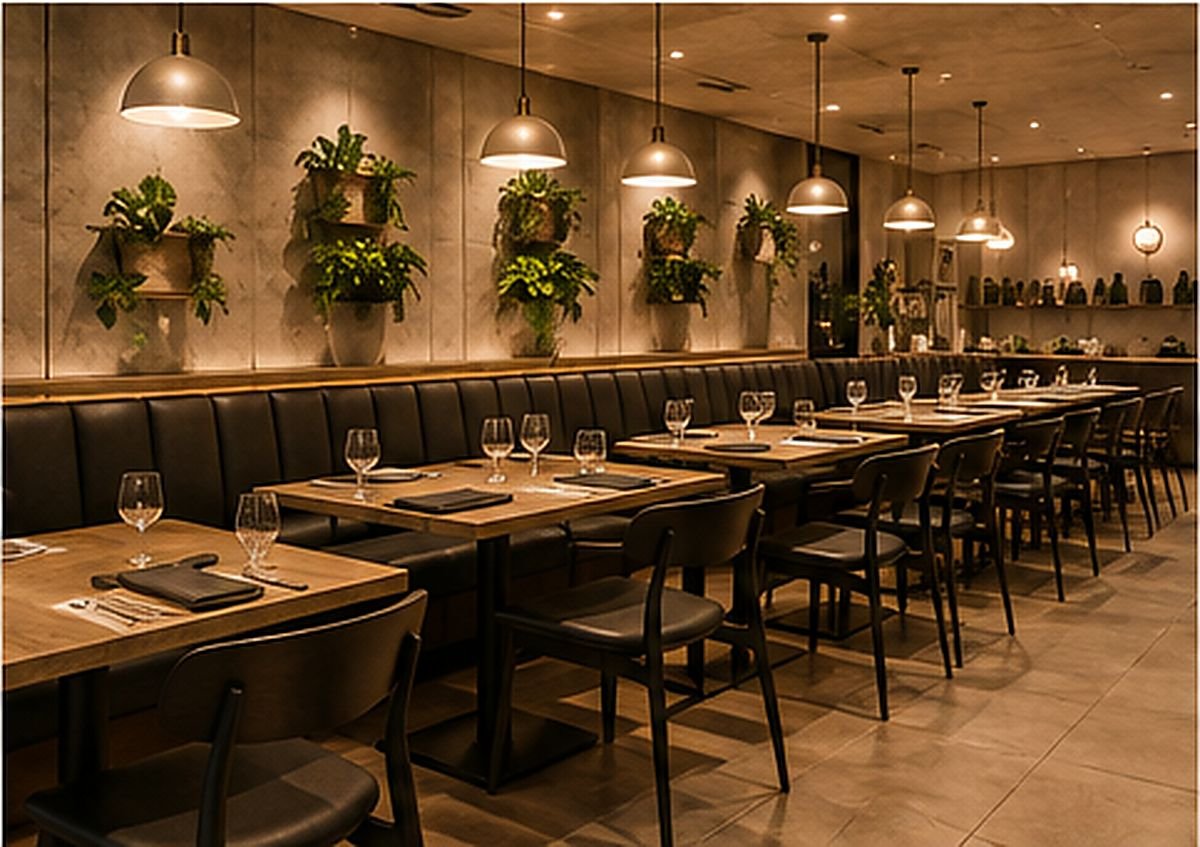 Completed restaurant dining room with banquette seating