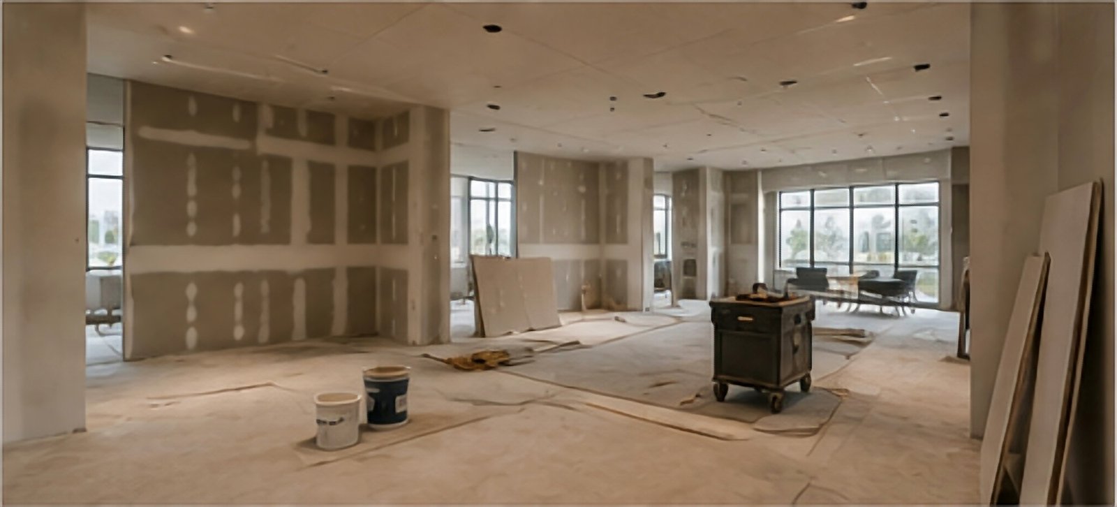 Commercial interior under construction with a bright open floor plan