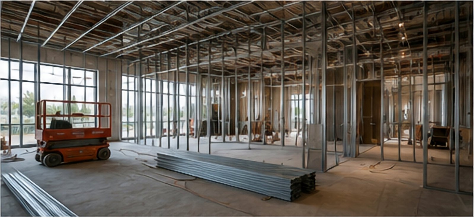 Interior construction with steel framing and access equipment